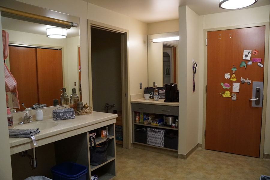 Franklin Hall dorm room entrance with sink and storage