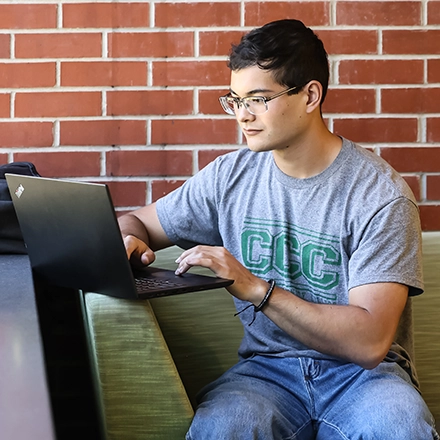 Man typing on a laptop sitting in front of a brick wall