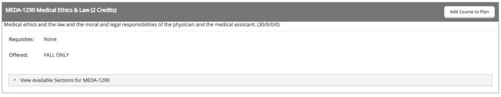 Screenshot of adding a course to the plan