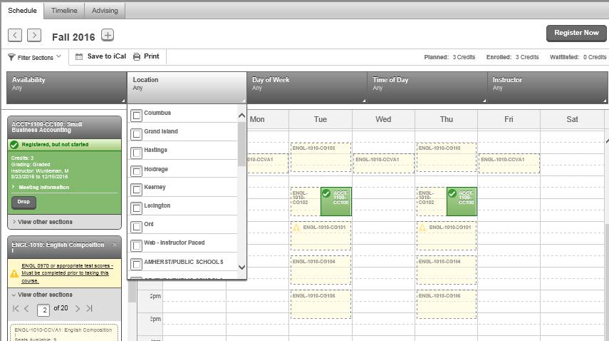 Screenshot of the schedule