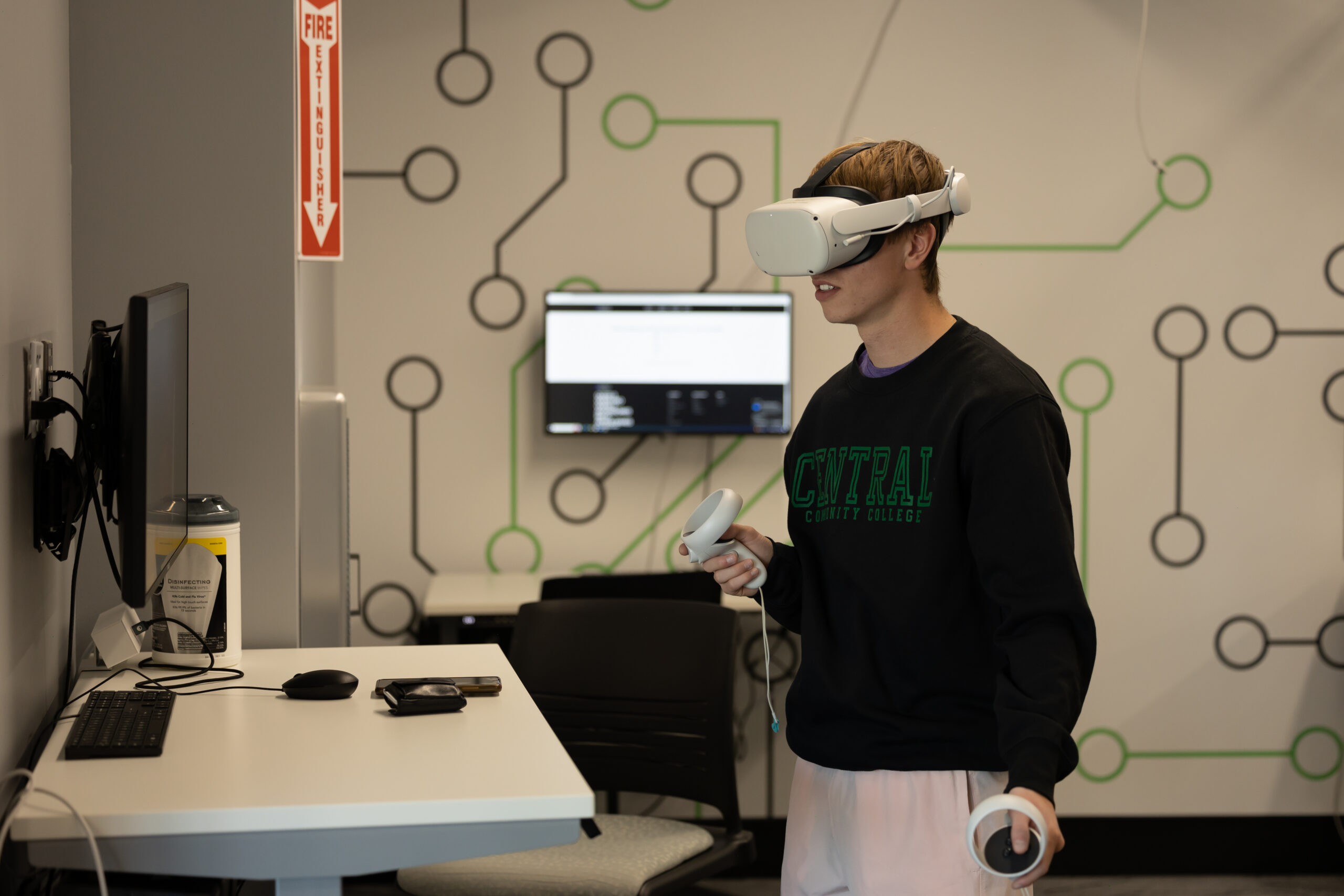 Student wearing a virtual reality headset.