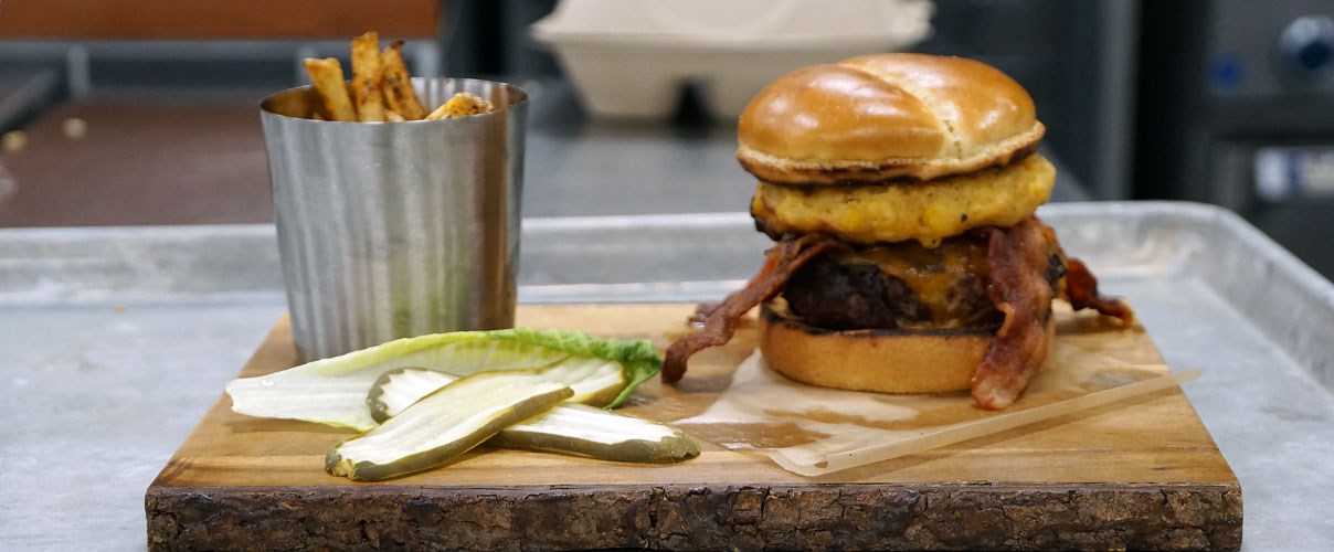 Burger and fries made by students of the Hospitality Management and Culinary Arts program.