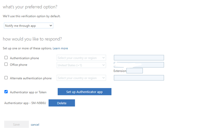 Screenshot of Microsoft Authenticator setup page prompting for an additional phone number before allowing the user to save.